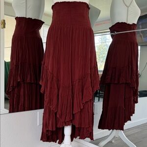 Free People Burgundy High-Low Tiered Maxi Skirt